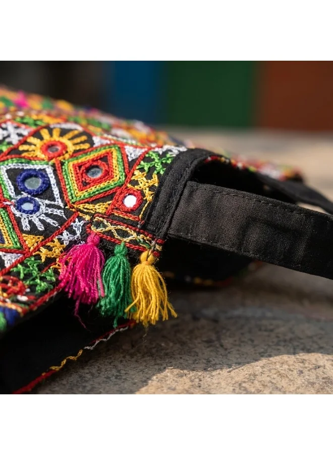 Mobcos Mobcos Black Flower Embroidered Tote Bag Mobcos Black Flower Handmade Embroidered Tote Bag | Premium Cotton Boho Shoulder Handbag with Zipper | Spacious Ethnic Bag for Office, Shopping, Travel & Daily Use for Women | Best Price UAE