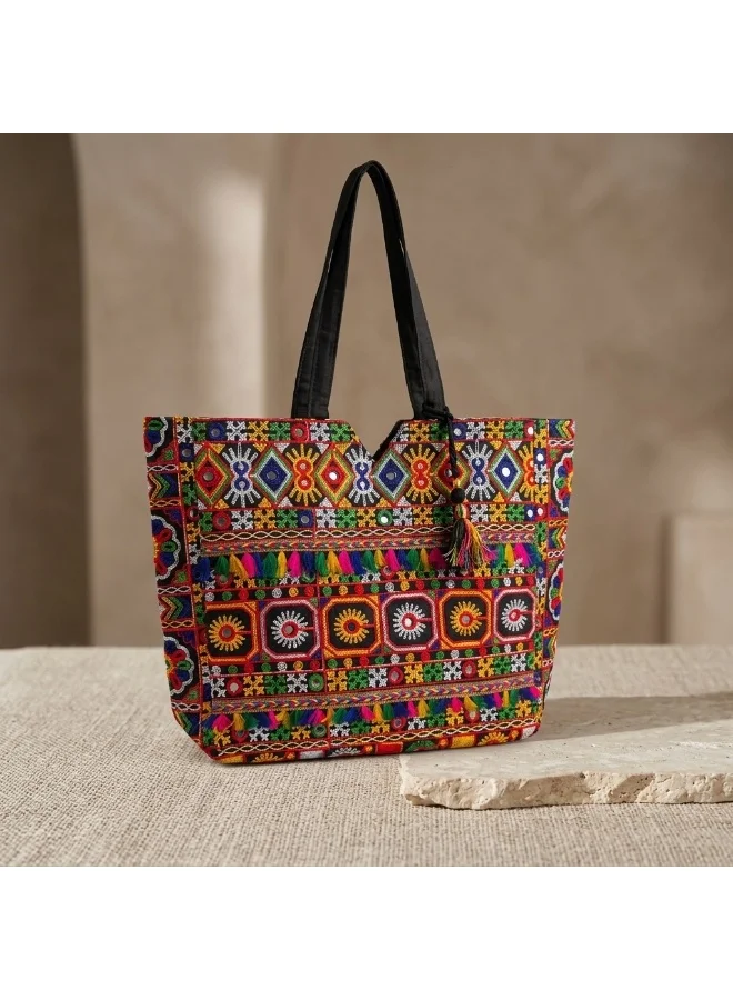 Mobcos Mobcos Black Flower Handmade Embroidered Tote Bag | Premium Cotton Boho Shoulder Handbag with Zipper | Spacious Ethnic Bag for Office, Shopping, Travel & Daily Use