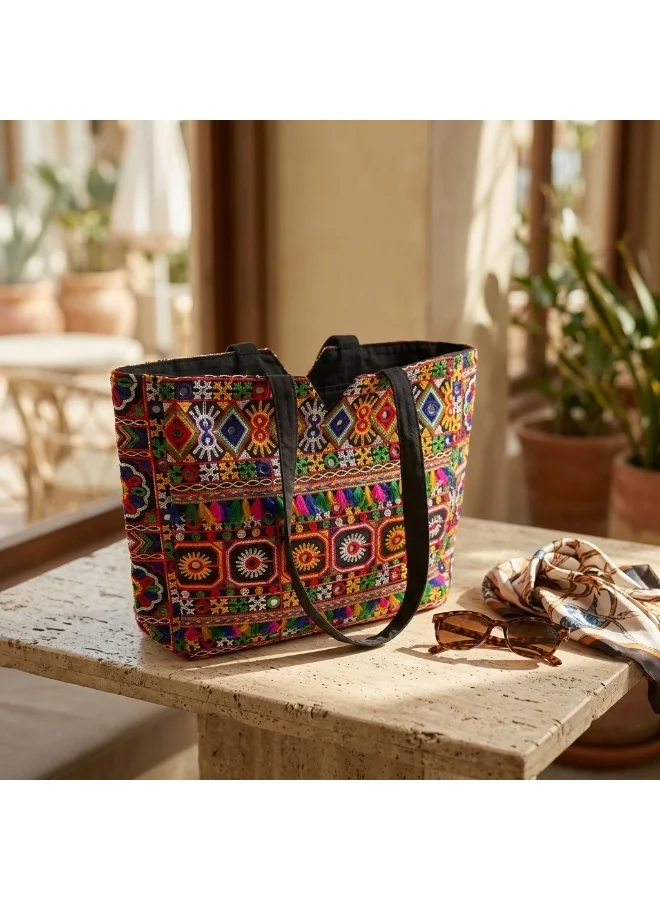 Mobcos Mobcos Black Flower Embroidered Tote Bag Mobcos Black Flower Handmade Embroidered Tote Bag | Premium Cotton Boho Shoulder Handbag with Zipper | Spacious Ethnic Bag for Office, Shopping, Travel & Daily Use for Women | Best Price UAE