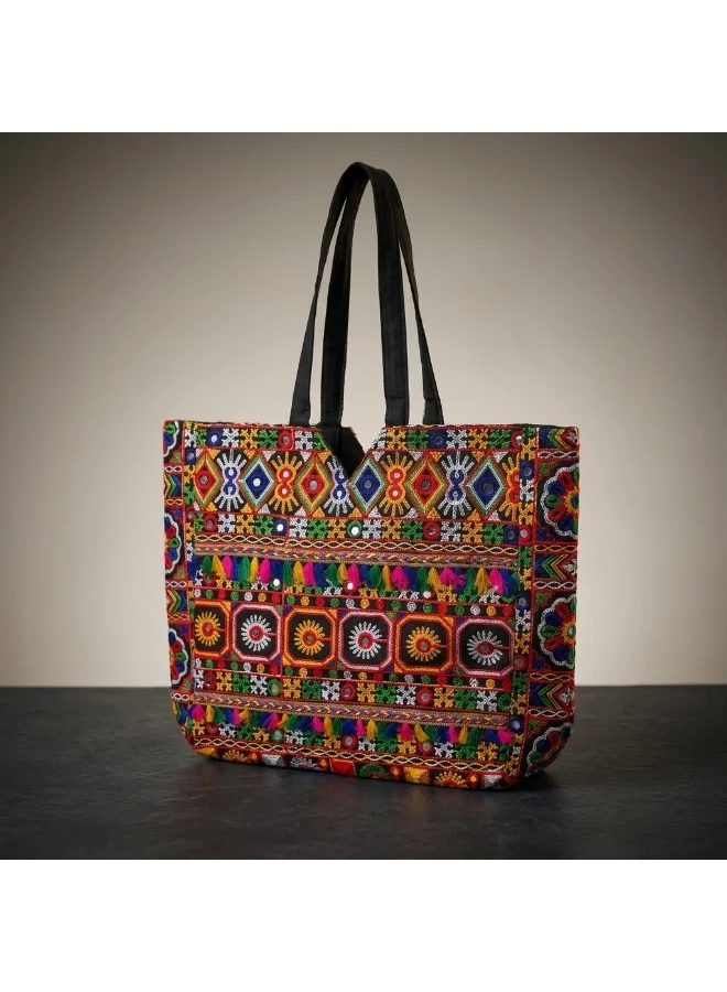 Mobcos Mobcos Black Flower Embroidered Tote Bag Mobcos Black Flower Handmade Embroidered Tote Bag | Premium Cotton Boho Shoulder Handbag with Zipper | Spacious Ethnic Bag for Office, Shopping, Travel & Daily Use for Women | Best Price UAE