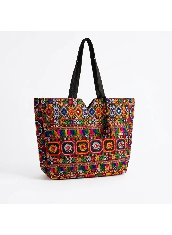 Mobcos Mobcos Black Flower Embroidered Tote Bag Mobcos Black Flower Handmade Embroidered Tote Bag | Premium Cotton Boho Shoulder Handbag with Zipper | Spacious Ethnic Bag for Office, Shopping, Travel & Daily Use for Women | Best Price UAE