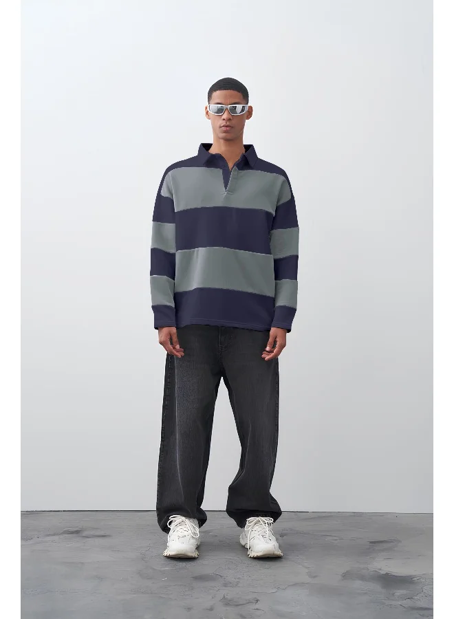 Maniac Mens Polo Neck FullSleeve Light Grey and Navy Cotton Oversized T-Shirt