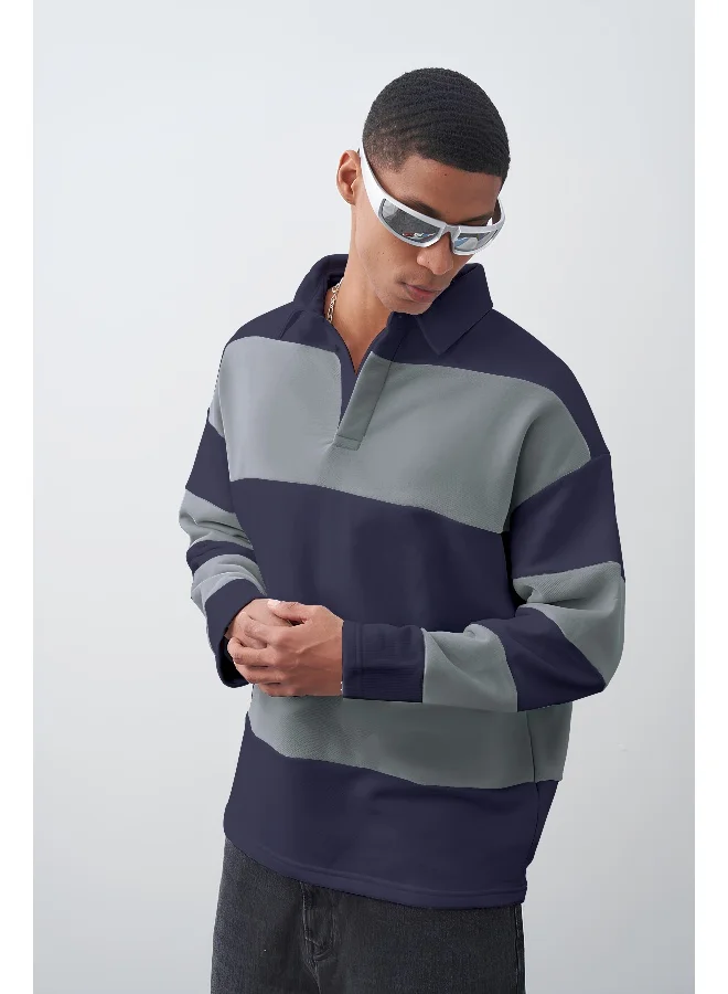 Maniac Mens Polo Neck FullSleeve Light Grey and Navy Cotton Oversized T-Shirt