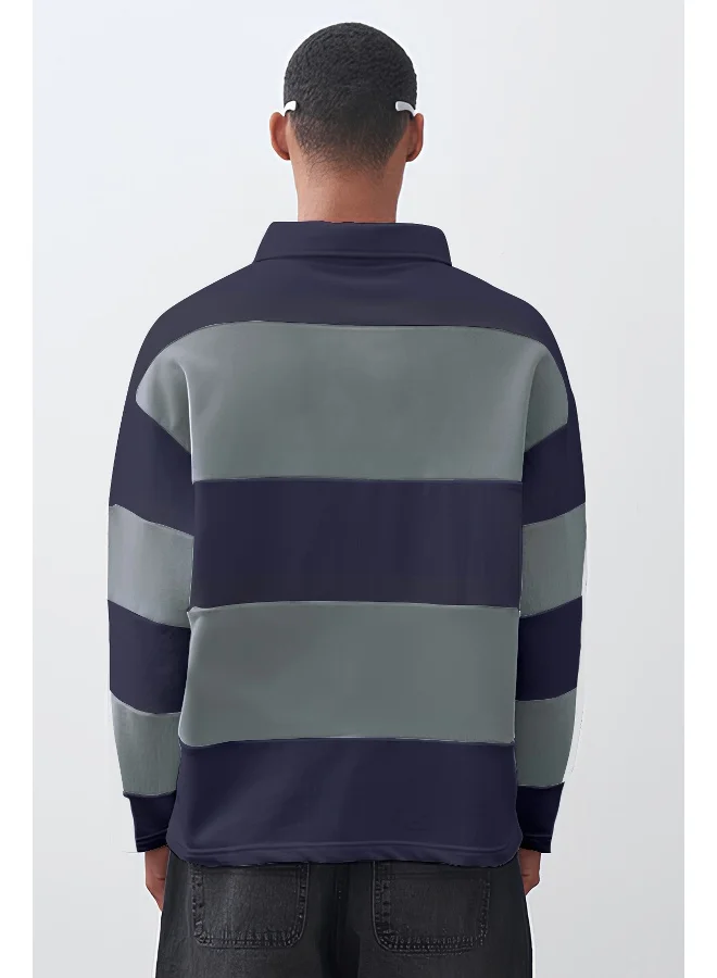 Maniac Mens Polo Neck FullSleeve Light Grey and Navy Cotton Oversized T-Shirt