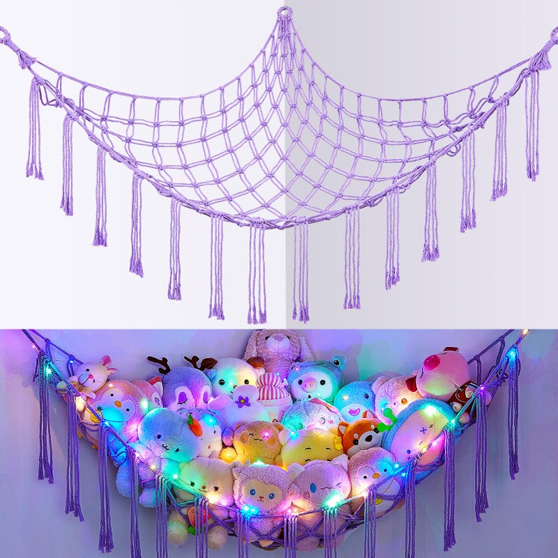 Basumee Stuffed Animals Net or Hammock with LED Light, Hanging Stuffed Animals Storage Toy Hammock Net Corner Wall Girls Room Decor Toy Storage Organizer, Purple, L - Image 1
