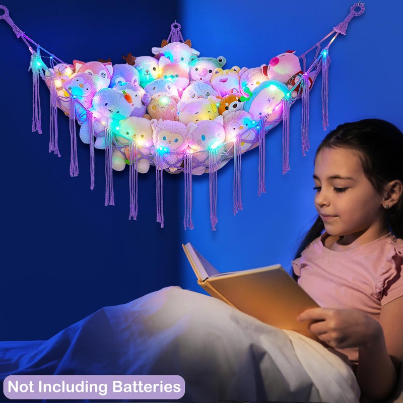 Basumee Stuffed Animals Net or Hammock with LED Light, Hanging Stuffed Animals Storage Toy Hammock Net Corner Wall Girls Room Decor Toy Storage Organizer, Purple, L - Image 2