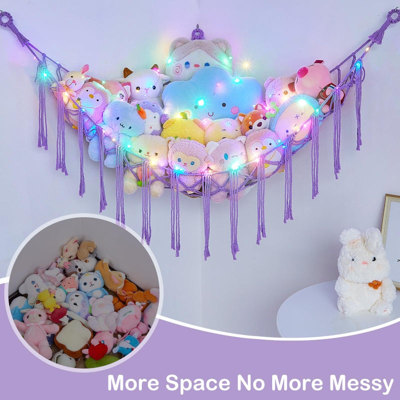 Basumee Stuffed Animals Net or Hammock with LED Light, Hanging Stuffed Animals Storage Toy Hammock Net Corner Wall Girls Room Decor Toy Storage Organizer, Purple, L - Image 3