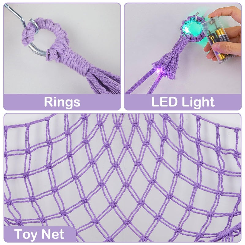 Basumee Stuffed Animals Net or Hammock with LED Light, Hanging Stuffed Animals Storage Toy Hammock Net Corner Wall Girls Room Decor Toy Storage Organizer, Purple, L - Image 4