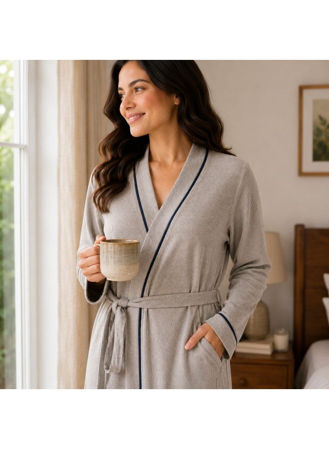 ZECOTEX Women's Cotton Full Length Long Robe with Self-Tie Waist and Contrast Piping - Image 3