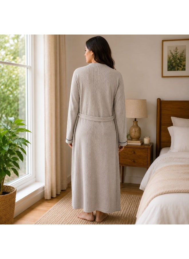 ZECOTEX Women's Cotton Full Length Long Robe with Self-Tie Waist and Contrast Piping - Image 2