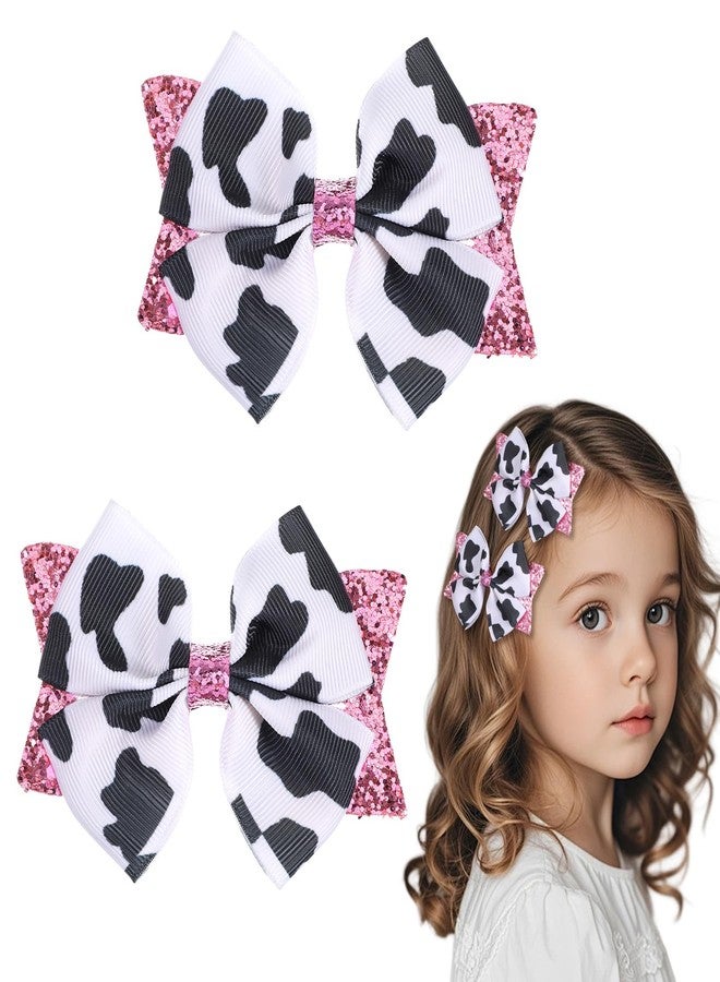 APLZGMG 2Pcs Moo Cow Print Hair Bows, Cute Cow Hair Bow Clips, Pink Sequins Ribbon Alligator Clips Farm Animal Themed Accessories for Toddlers Baby Little Girls Kids Teens Women, Kids' Birthday Party Decor - Image 1