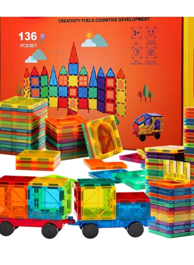 Magnetic Tiles, Deluxe 136 PCS Building Blocks Magnet Toys for Kids,3D Magnet Puzzles Stacking Blocks for Boys Girls,Huge Set with 2 Cars - Image 1