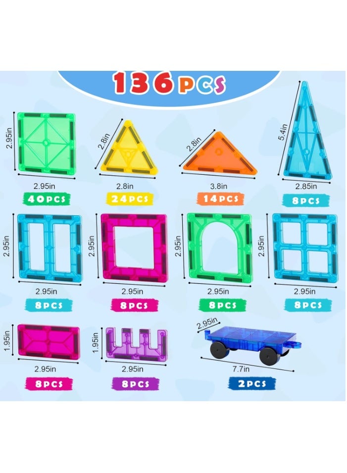 Magnetic Tiles, Deluxe 136 PCS Building Blocks Magnet Toys for Kids,3D Magnet Puzzles Stacking Blocks for Boys Girls,Huge Set with 2 Cars - Image 3