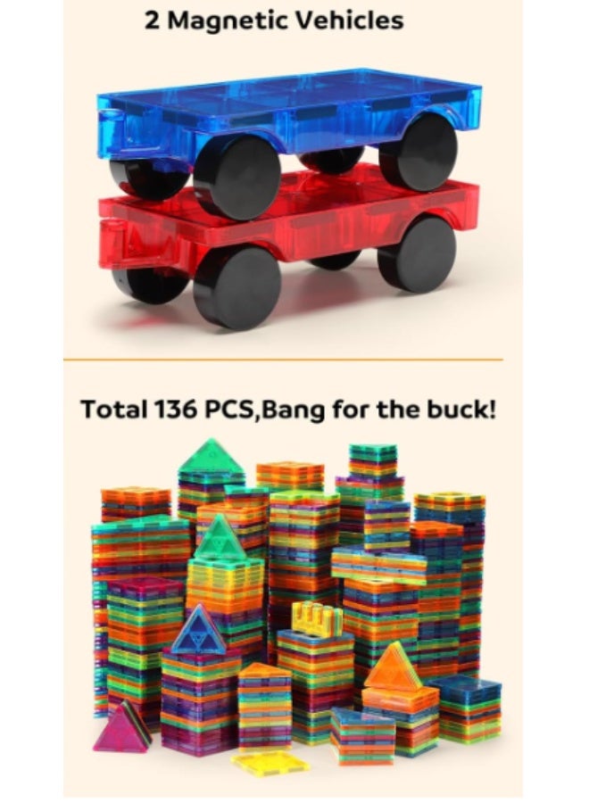 Magnetic Tiles, Deluxe 136 PCS Building Blocks Magnet Toys for Kids,3D Magnet Puzzles Stacking Blocks for Boys Girls,Huge Set with 2 Cars - Image 4