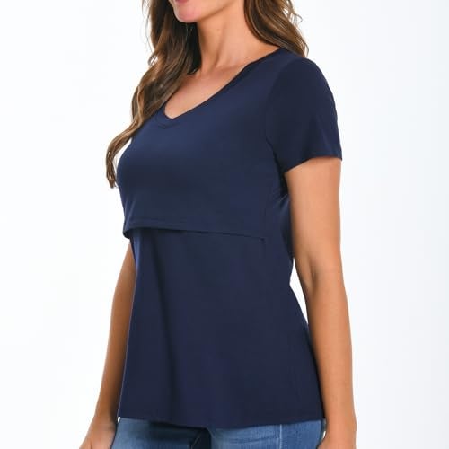 Bearsland Womens 3 Packs V Neck Nursing Tops Maternity Breastfeeding Tee Shirts,Black+red+Blue,M - Image 5