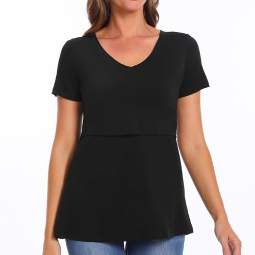 Bearsland Womens 3 Packs V Neck Nursing Tops Maternity Breastfeeding Tee Shirts,Black+red+Blue,M - Image 3
