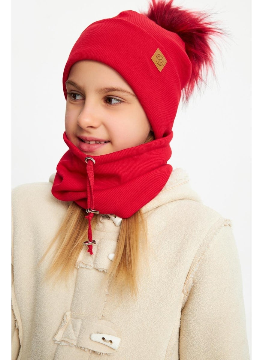Babygiz Red Girl's Fur Pompom Hat Beanie Neck Collar Set Cotton Camisole  - Image 1