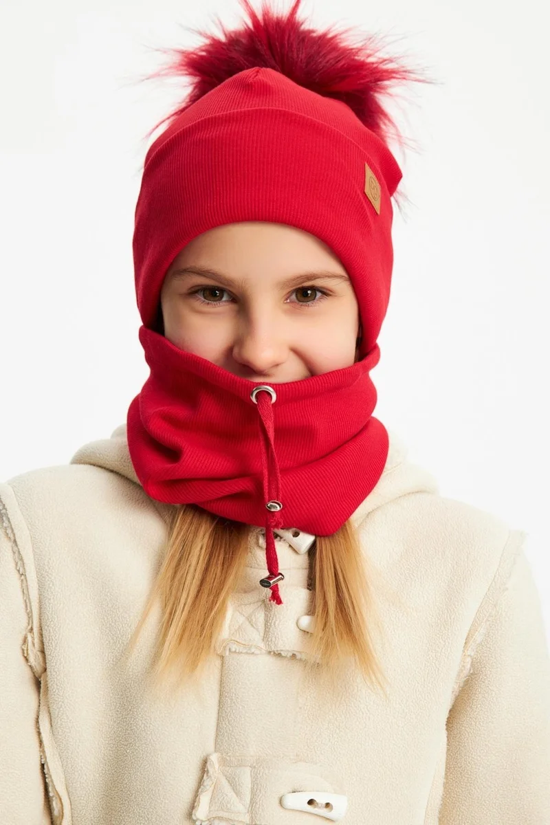 بيبيجيز Red Girl's Fur Pompom Hat Beanie Neck Collar Set Cotton Camisole