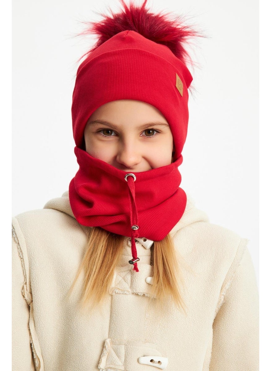 Babygiz Red Girl's Fur Pompom Hat Beanie Neck Collar Set Cotton Camisole  - Image 3