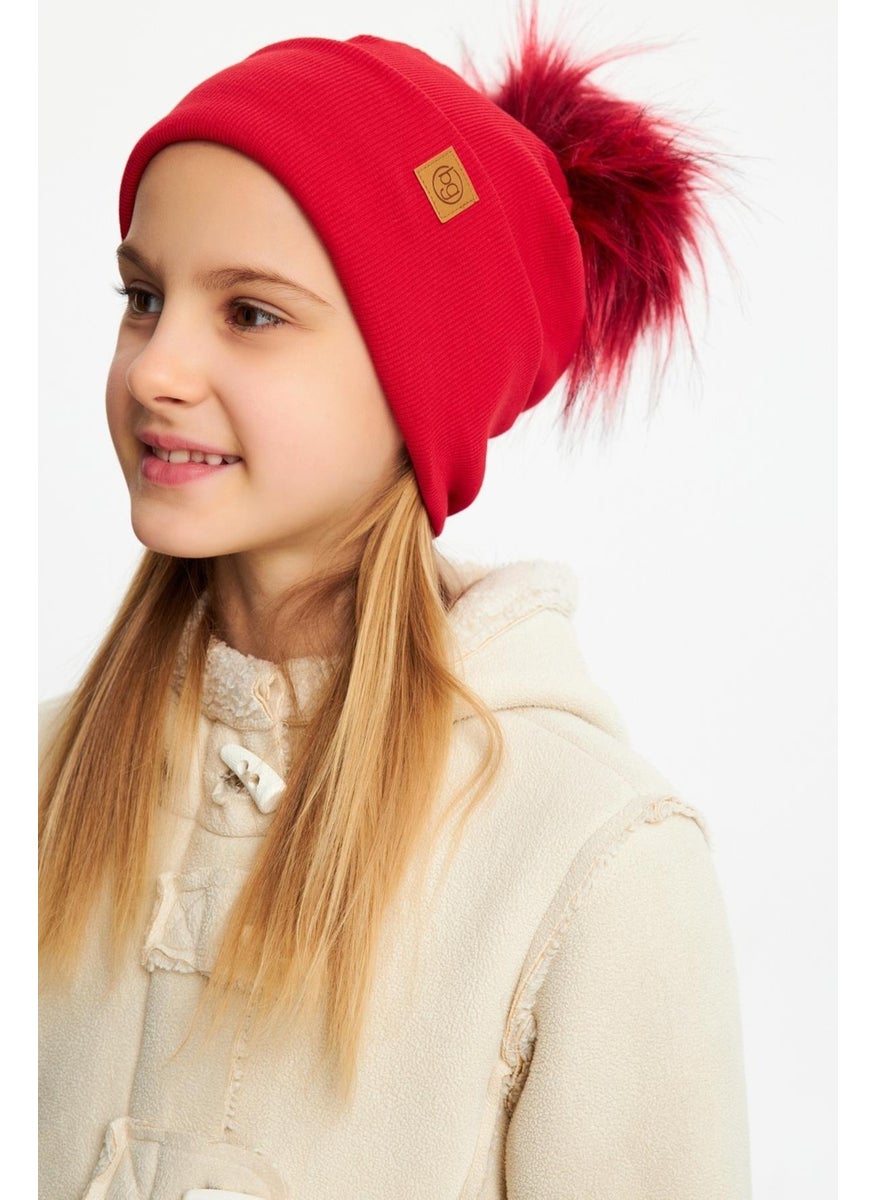 Babygiz Red Girl's Fur Pompom Hat Beanie Neck Collar Set Cotton Camisole  - Image 2