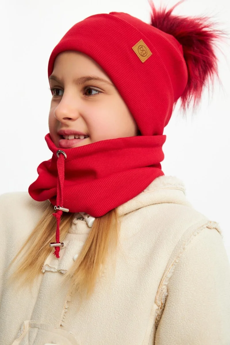 بيبيجيز Red Girl's Fur Pompom Hat Beanie Neck Collar Set Cotton Camisole