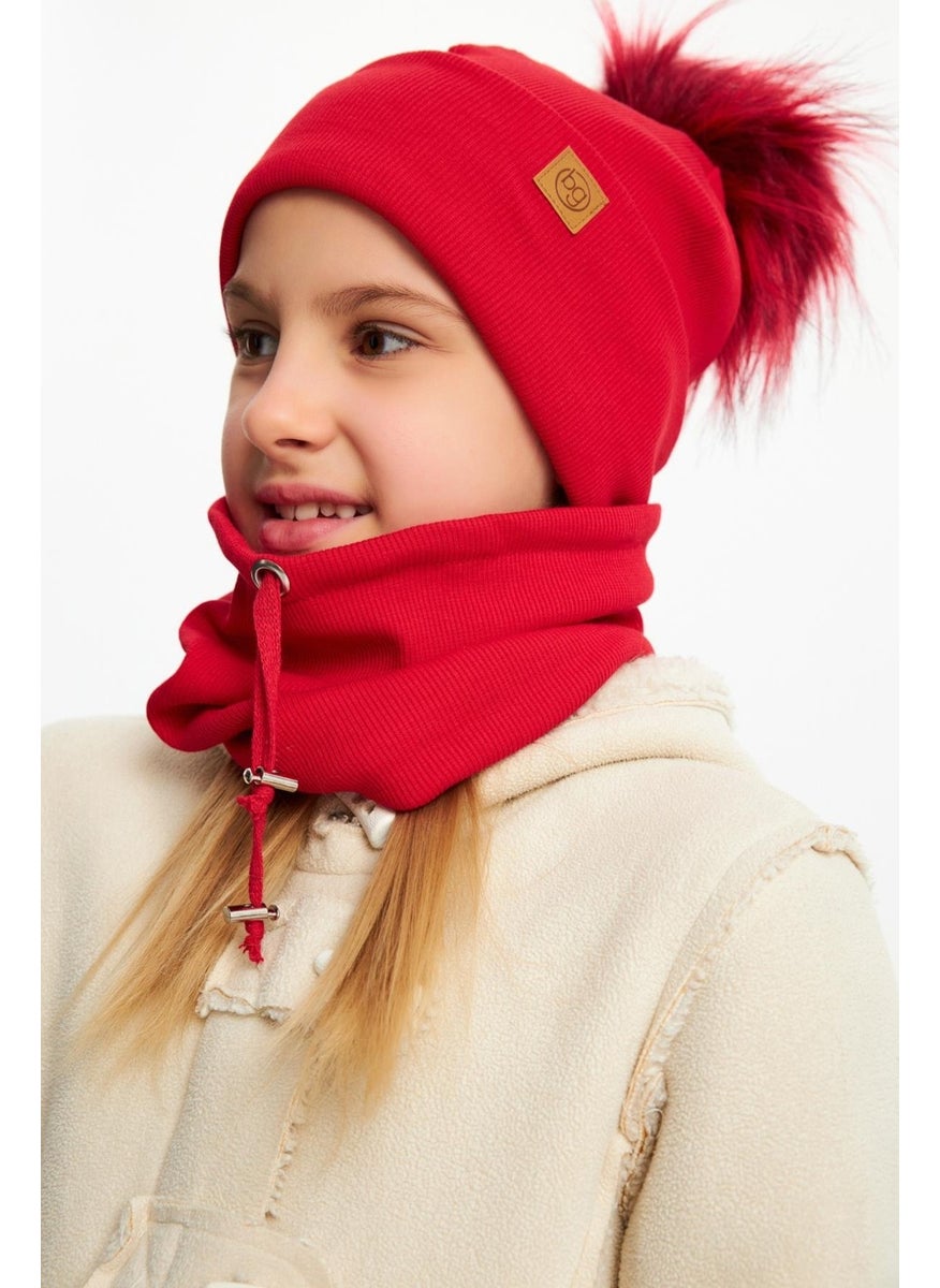 Babygiz Red Girl's Fur Pompom Hat Beanie Neck Collar Set Cotton Camisole  - Image 4