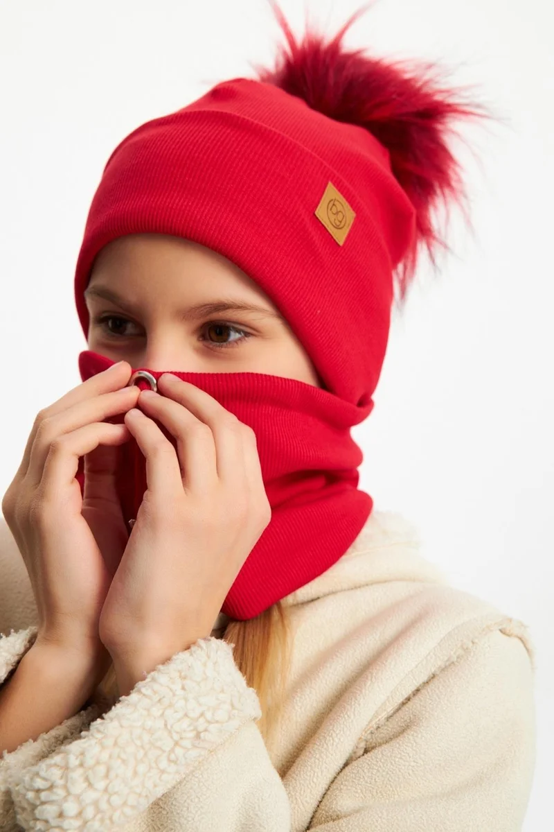 بيبيجيز Red Girl's Fur Pompom Hat Beanie Neck Collar Set Cotton Camisole