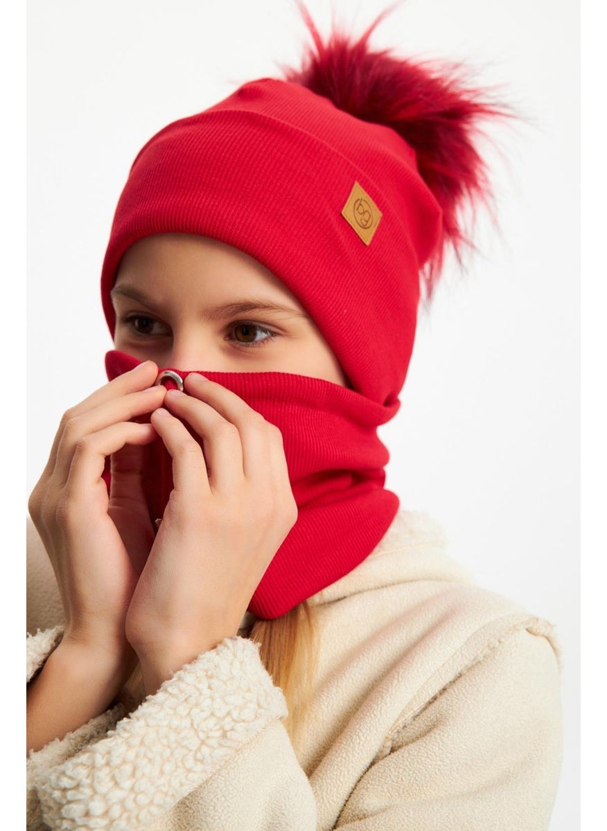 Babygiz Red Girl's Fur Pompom Hat Beanie Neck Collar Set Cotton Camisole  - Image 5