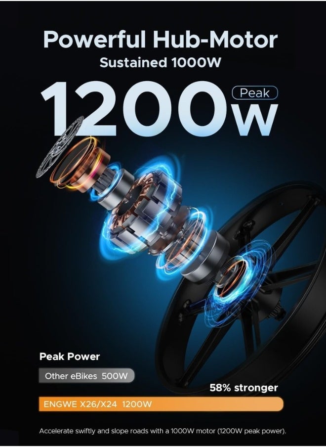 إنجوي - سكوتر كهربائي ENGWE X26 دراجة كهربائية بإطار سميك، 1200 وات (الذروة) محرك Ebike للبالغين، 95 ميلاً 31 ميل في الساعة 26 بوصة دراجة جبلية، 48V19.2A (29.2Ah-خيار بطارية مزدوجة) جميع التضاريس - Image 1