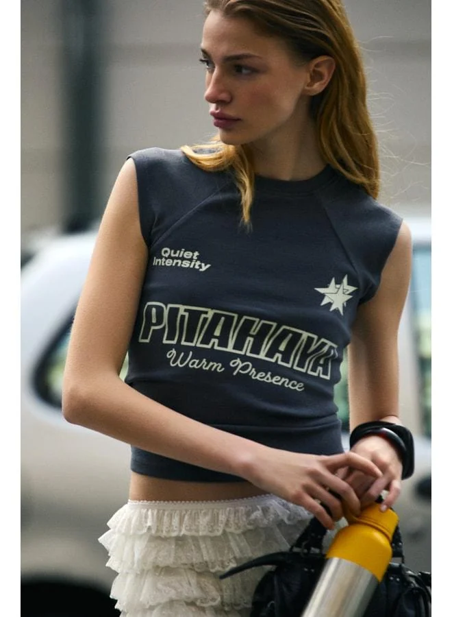 Grimelange EPONA Women's Soft and Elastic Fabric Printed Detailed Grey T-Shirt.