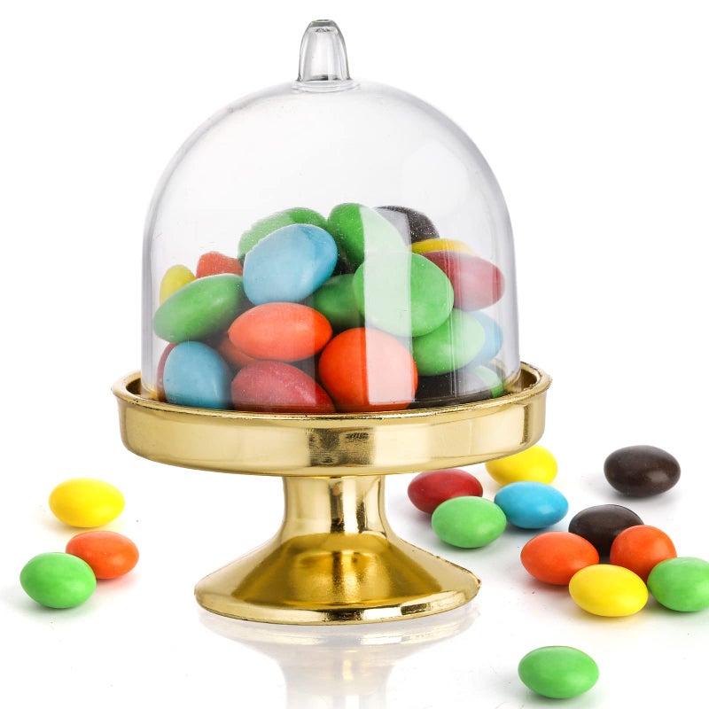 Okllen 36 Pack Mini Cake Stand with Lid, Plastic Cupcake Stand Plate Dome Cover, Clear Small Cake Display Stand for Chocolate, Dessert, Wedding, Birthday, Baby Shower, Tea Party Supplies, Gold - Image 3