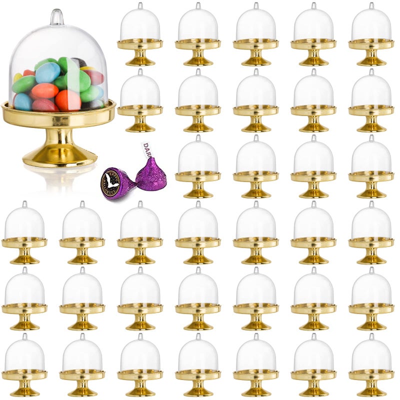 Okllen 36 Pack Mini Cake Stand with Lid, Plastic Cupcake Stand Plate Dome Cover, Clear Small Cake Display Stand for Chocolate, Dessert, Wedding, Birthday, Baby Shower, Tea Party Supplies, Gold - Image 1