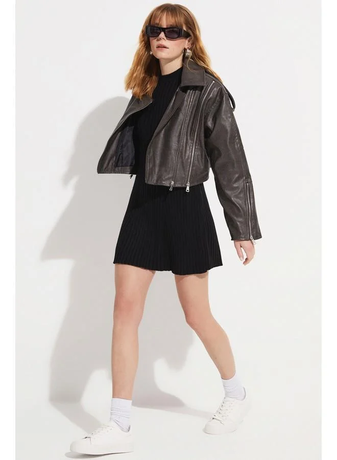 JUNE June Distressed-Look Biker Jacket Anthracite