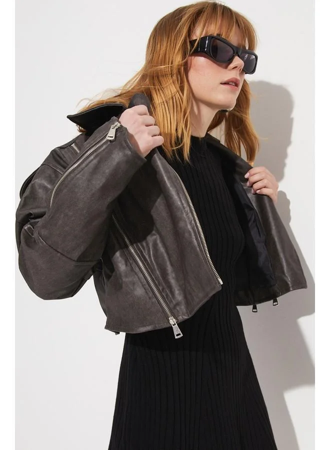 JUNE June Distressed-Look Biker Jacket Anthracite
