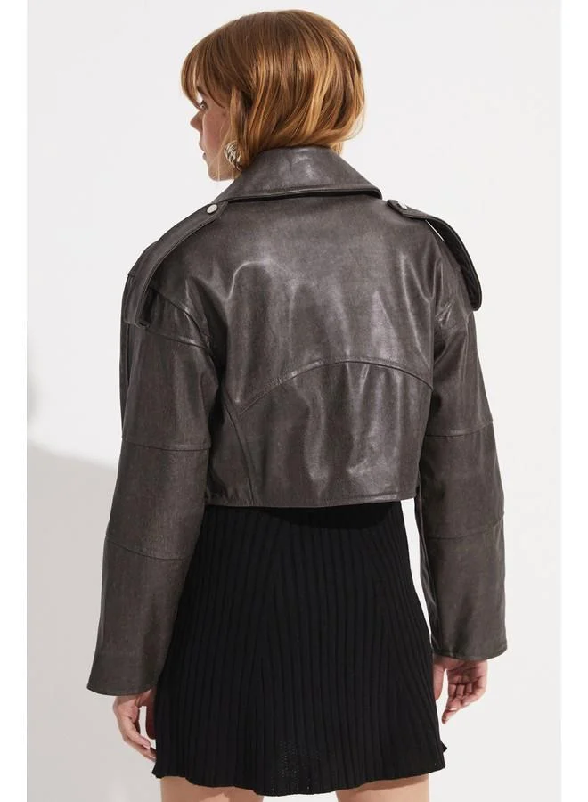 JUNE June Distressed-Look Biker Jacket Anthracite
