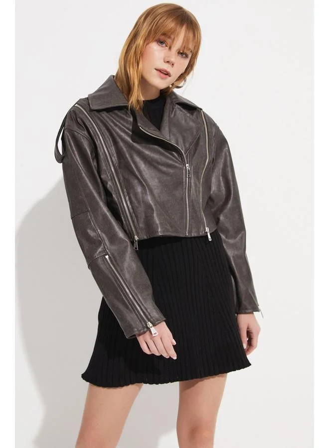 JUNE June Distressed-Look Biker Jacket Anthracite