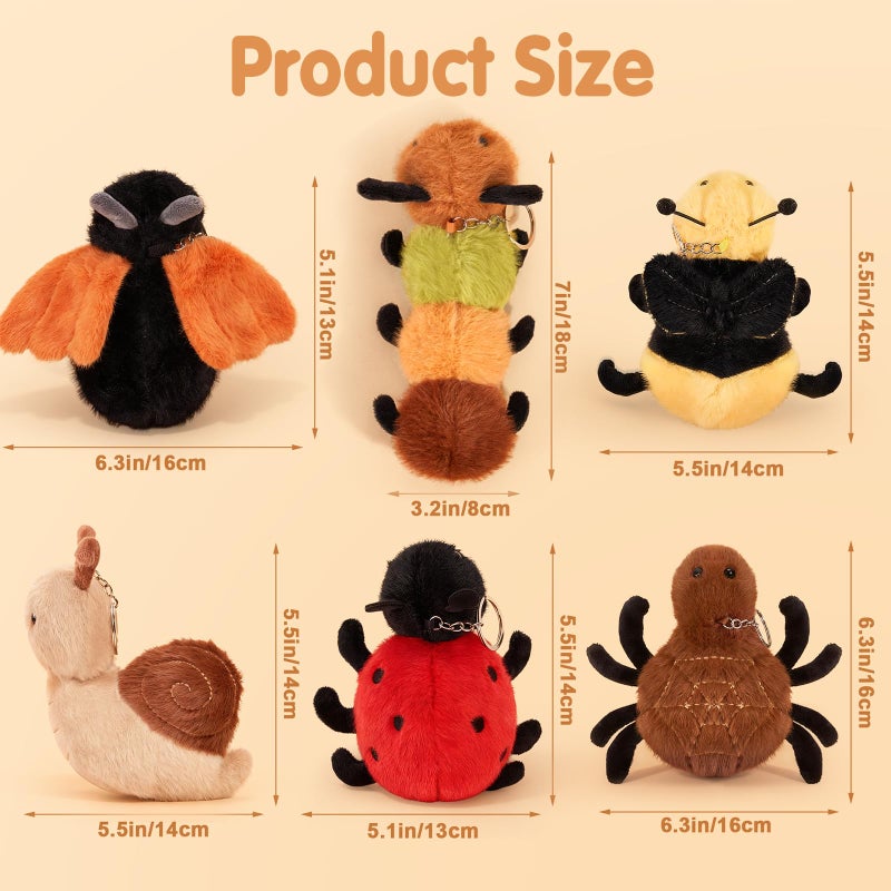 Niceup 4.7in Insect Stuffed Animal Keychains 6pcs Bug Party Favors Decor Toys Cute Small Plushies Spider Caterpillar Ladybug Ladybird Bumblebee Moth Snail for Halloween Kids Christmas Stuffer Gift - Image 4