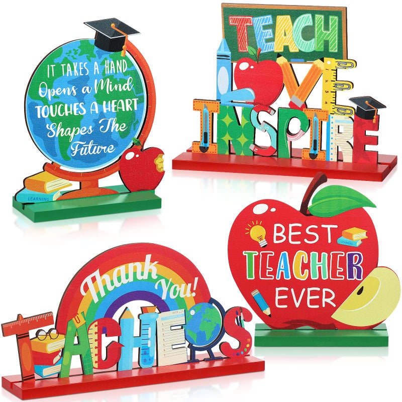 Amyhill Amyhill 4 Pcs Teacher Appreciation Gifts Table Centerpieces Decorations Wooden Thank You Best Teacher Ever Centerpieces for Home School Classroom Desk Decor