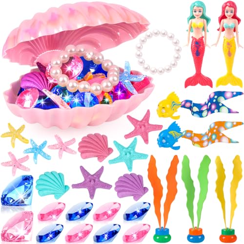 HUUIDY Pool Toys 31Pcs Mermaid Toys Diving Toys with Shell Treasure Chests and Storage Bag Swimming Pool Games Summer Water Toy Gift Set for Kids Toddlers Girls Boys - Image 1