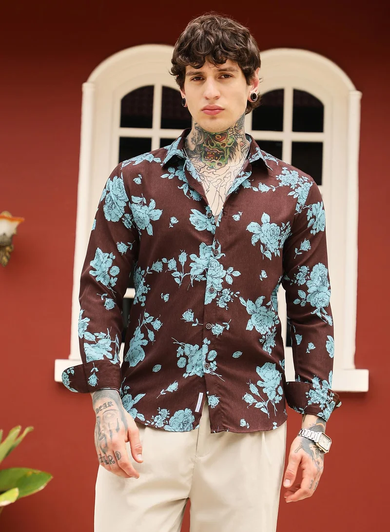 Campus Sutra Campus Sutra Men's Powder Blue & Chocolate Brown Contrast-Roses Imprint Shirt | Spread Collar , Long Cuffed Sleeves , Button Closure , Curved Hem | Floral Print Plain | Shirt For Casual Wear