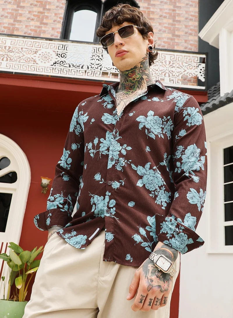 Campus Sutra Campus Sutra Men's Powder Blue & Chocolate Brown Contrast-Roses Imprint Shirt | Spread Collar , Long Cuffed Sleeves , Button Closure , Curved Hem | Floral Print Plain | Shirt For Casual Wear