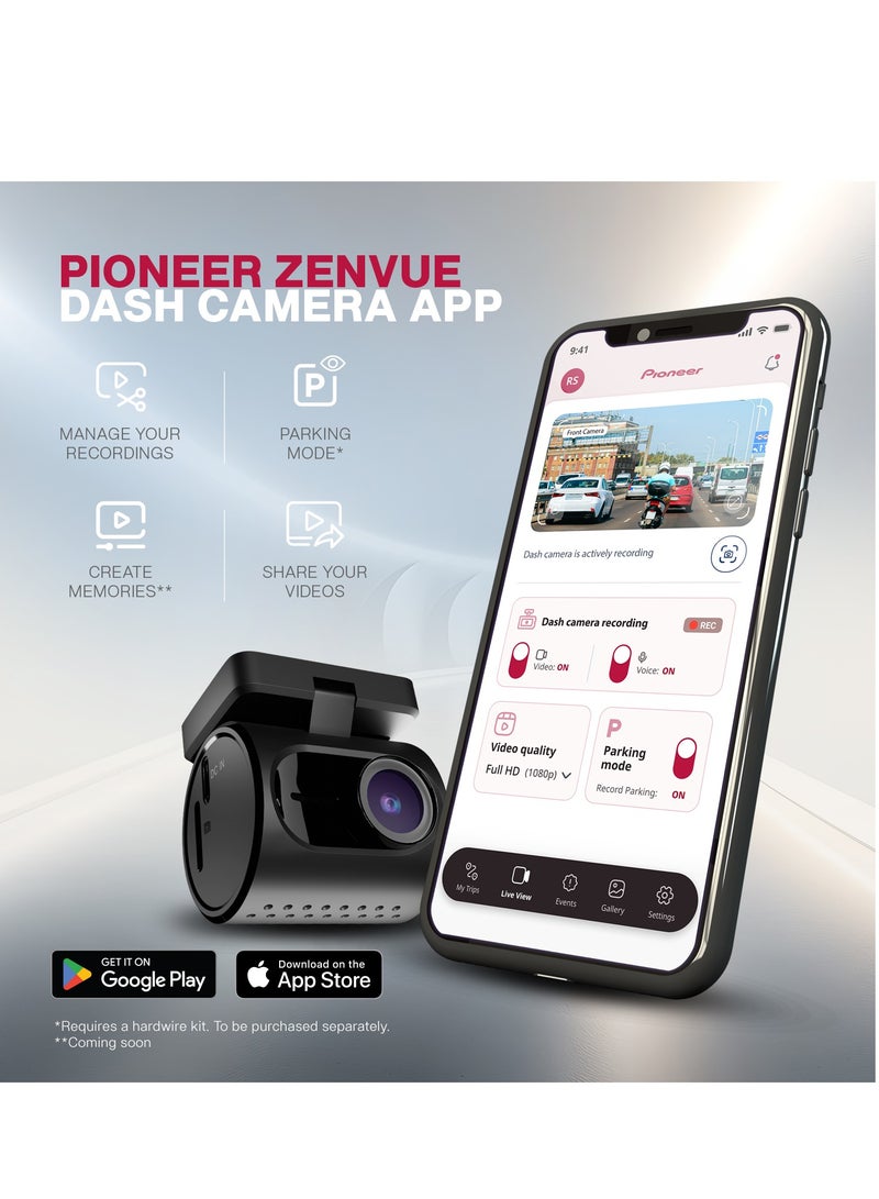 Pioneer Car Dash Camera VREC-H120SC | Super Compact Design | App Support |1296p Resolution | Wide Field of View | Wi-Fi |G-sensor | Emergency Recording | microSD Card support Upto 128GB - Image 2