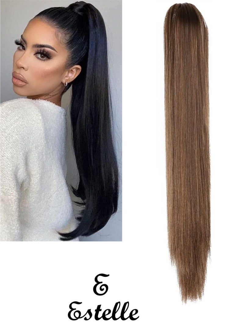 إستيل مشبك مخلب في تمديد ذيل الحصان شعر طويل مستقيم للنساء فك على بني شوكولاتة فاتح - Image 1