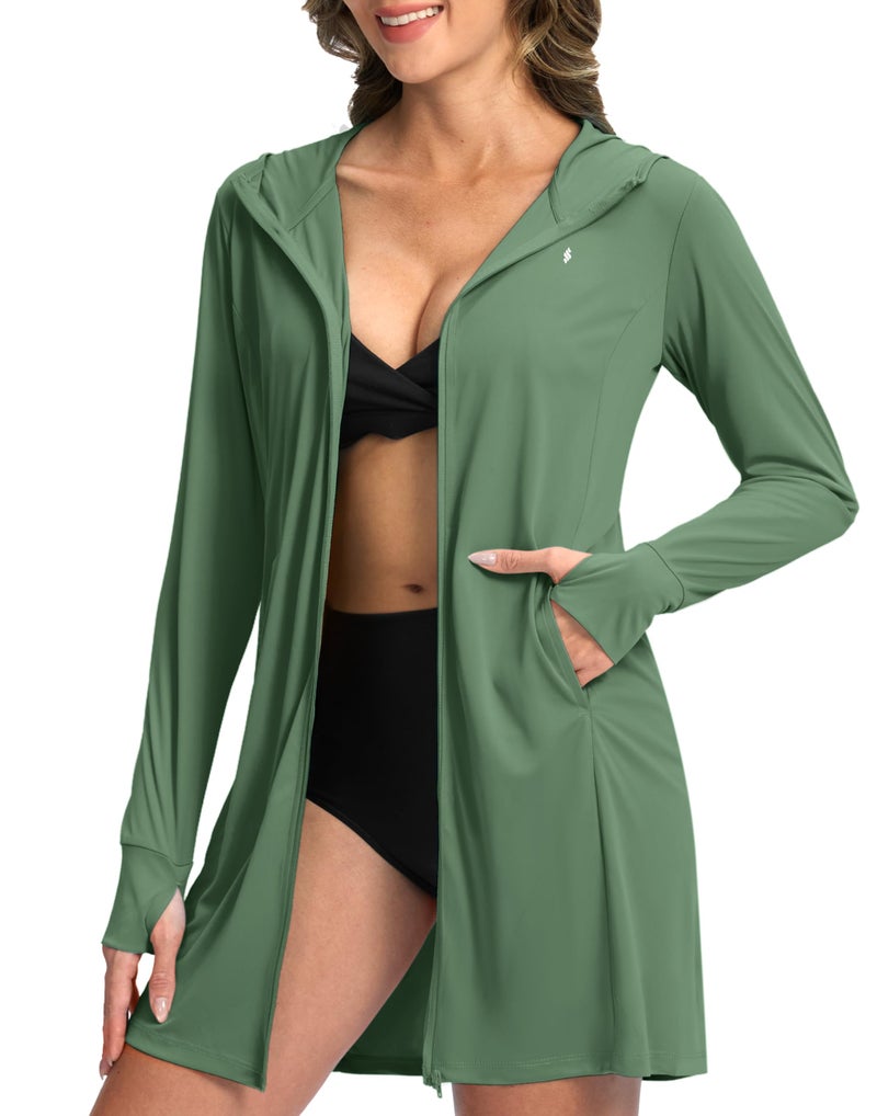Soothfeel Women's UPF 50+ Swim Cover Up Sun Protection Hoodie SPF Lightweight Jacket Long Sleeve Beach Cover Ups for Women (Green,L) - Image 1