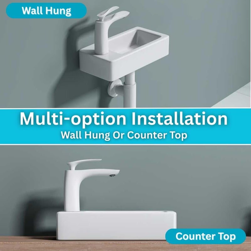 DB Durovin Bathrooms Small Cloakroom Basin 370 x 180 x 90mm (WxDxH) - Wall Mounted Rectangular Countertop With One Left Hand Tap Hole - Image 2