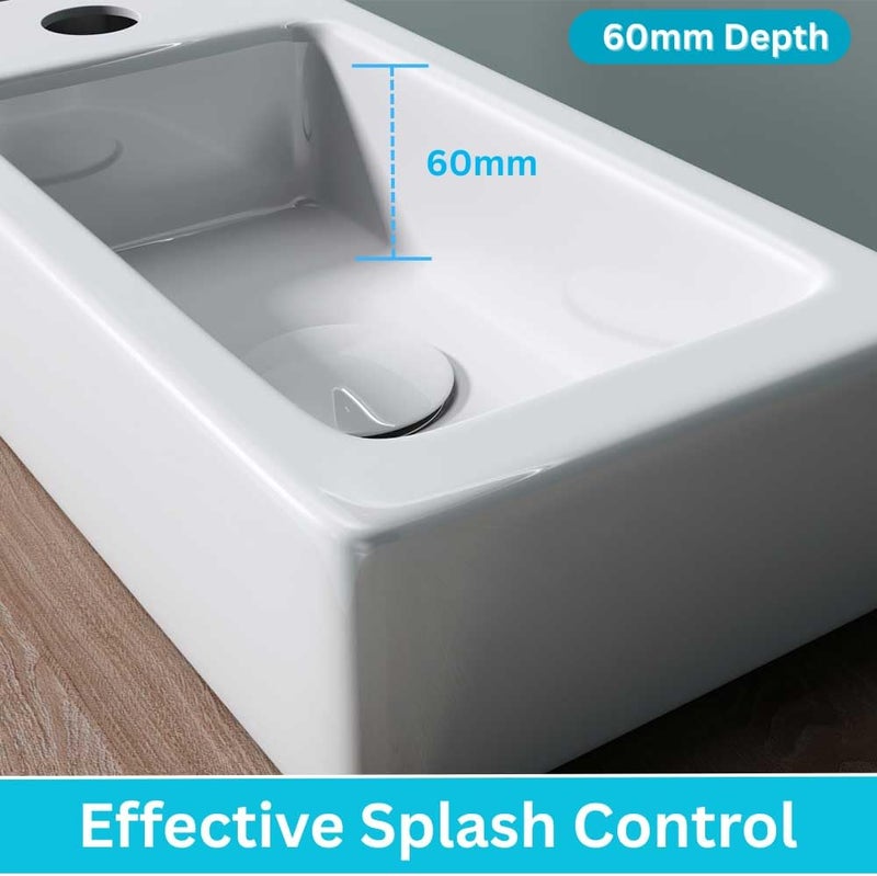 DB Durovin Bathrooms Small Cloakroom Basin 370 x 180 x 90mm (WxDxH) - Wall Mounted Rectangular Countertop With One Left Hand Tap Hole - Image 3