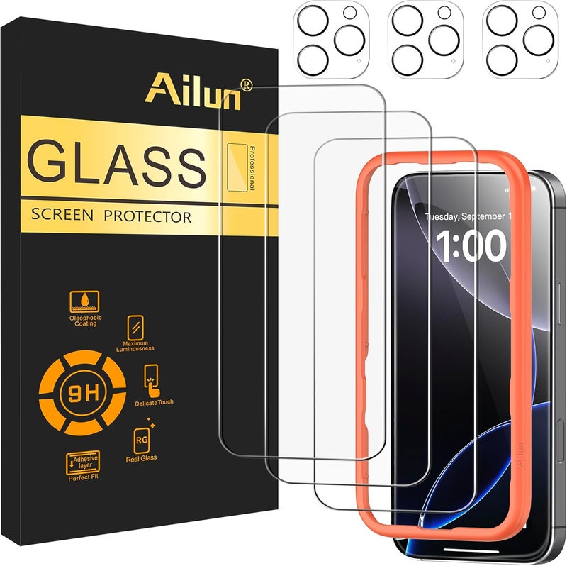 Ailun 3 Pack Screen Protector for iPhone 16 Pro Max [6.9 inch] + 3 Pack Camera Lens Protector with Installation Frame,Case Friendly Tempered Glass Film[9H Hardness][Not for iPhone 16e/16/16 Pro/Plus] - Image 1
