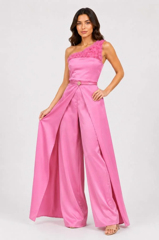 Opera Fashion One-Shoulder Satin Evening Jumpsuit with Floral Detail