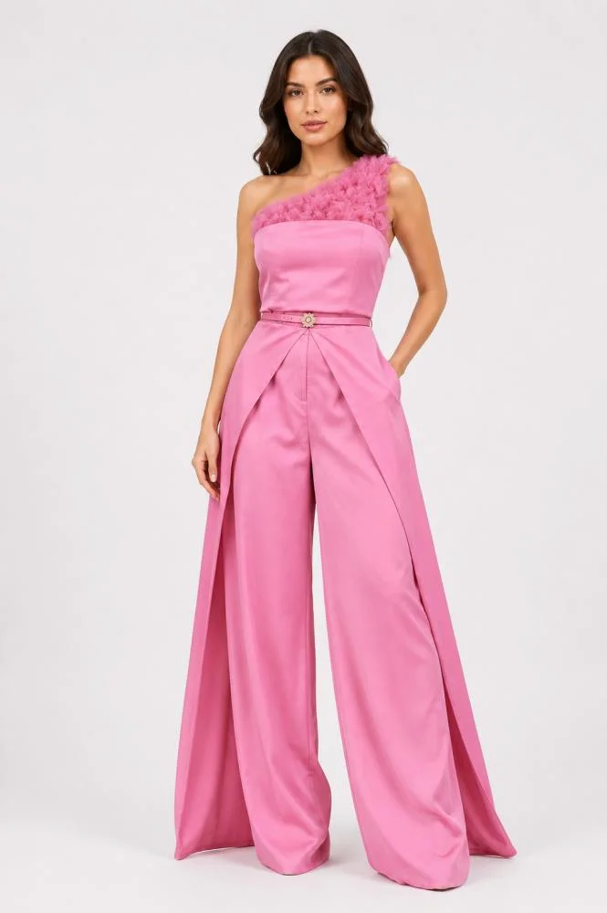 Opera Fashion One-Shoulder Satin Evening Jumpsuit with Floral Detail
