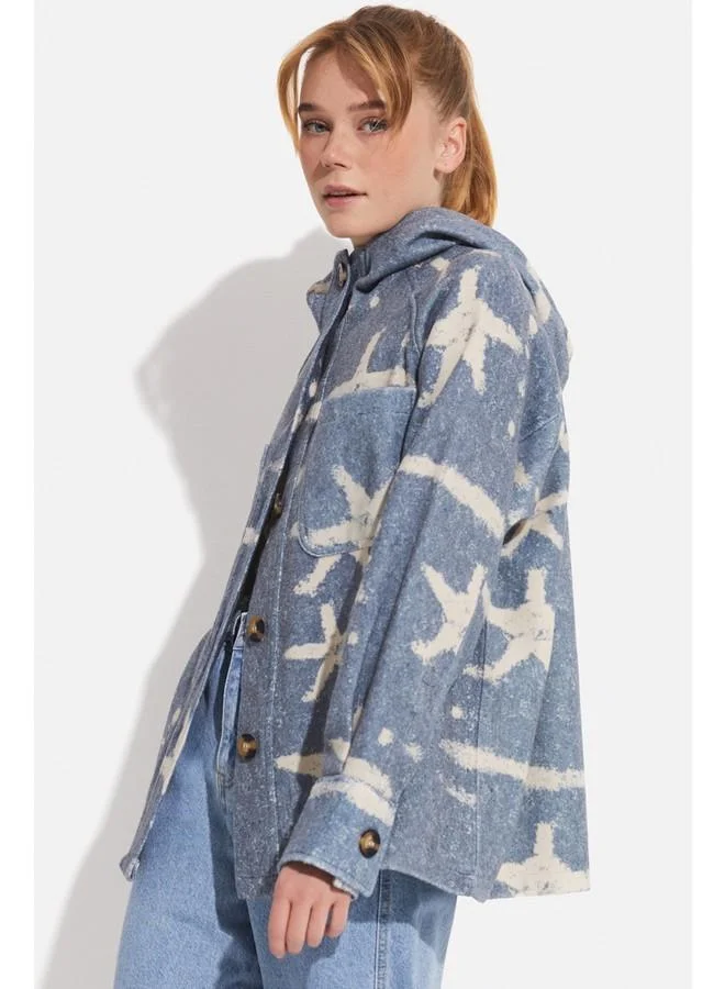 جون June Patterned Hooded Jacket Blue